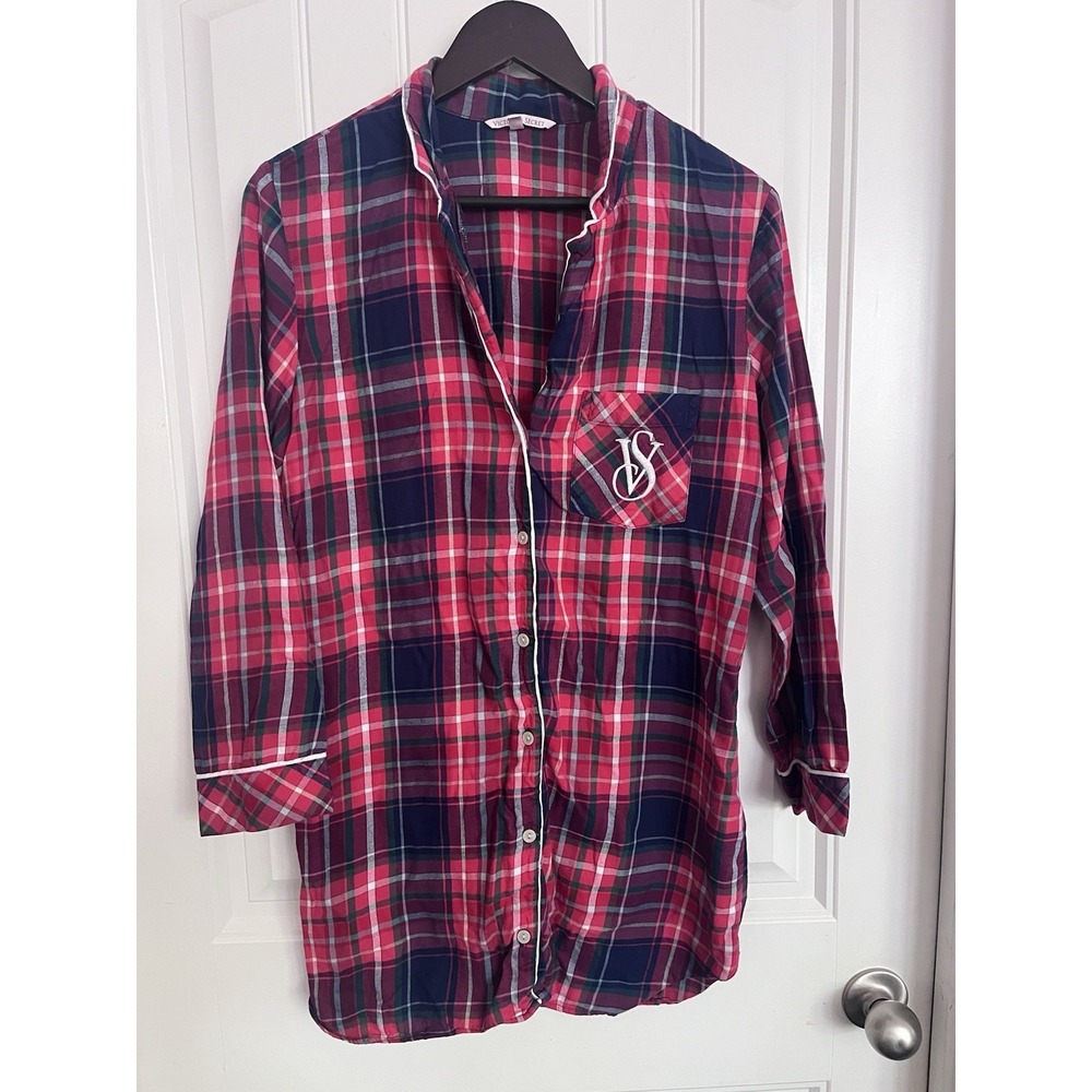 Victoria's Secret Red/Green/Blue Long Sleeve Button Up Pajama Sleep Shirt XS 077